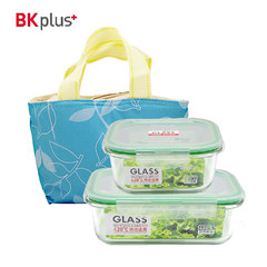 BKPLUS耐热玻璃保鲜盒2件套 微波炉饭盒便当盒 送餐包 770+650ml 正+长 红