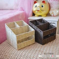 [] every day special offer handmade straw key remote grid storage basket home office desk box Beige beige
