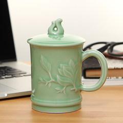Longquan celadon tea cup, ceramic cover, office cup, creative gift, tea cup, Yulan cup, lovers cup Blue 400ml