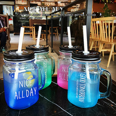 Korean handle, English straw, rooster, Mason cup, male and female students, coffee shop, fruit juice drink, glass cup Deep blue English straw glass