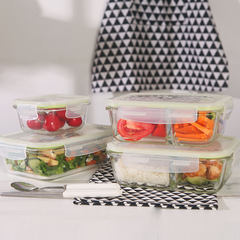Glass partition box lunch box, transparent cover for microwave oven, lunch box two square oblong fruit fresh-keeping box Long lattice 725ml small round 350ml+ chopsticks spoon box bag