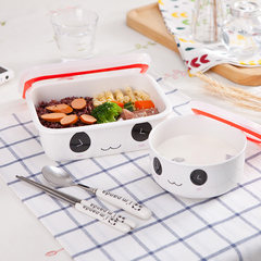Heat preservation lunch box lunch box cartoon rectangular ceramic bowl box cassette box sealing for microwave oven Lunch box + middle BOWL + portable chopsticks spoon + blue bag / pure white