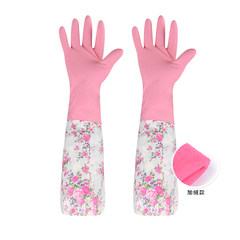 Mail thickening rubber gloves, plush washing, durable household gloves, clean extended latex leather laundry gloves L transparent