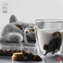 Nine pure hand blown glass coffee cup double heat resistant cat art Mug Black C