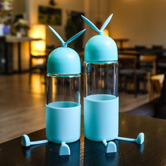 Fresh, heat resistant, simple glass, cute portable cup, Korean creative students, transparent cartoon cup, cup Blue 250ML