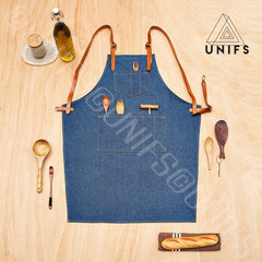 UNIFS original denim skirt, custom LOGO restaurant, coffee shop, men and women Gallery, leather simple work apron A Customized color shoulders for S code