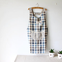 Japanese cotton fabric lace Plaid round kitchen household cleaning apron smock overalls thickened. Half circle Pocket Blue Mosaic
