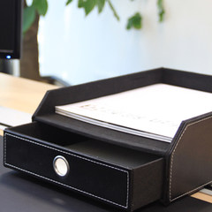 Simple high grade leather office desk storage box, tray type A4 file box folder, drawer box black