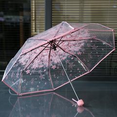 2017新款时尚韩版三折伞公主伞浪漫樱花透明伞小清新折叠塑料雨伞 三折款-蓝色（升级版骨架）