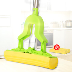 Sponge mop folding free hand washing water for household water squeezing mop head replacement of stainless steel Green (with 3 mop heads)