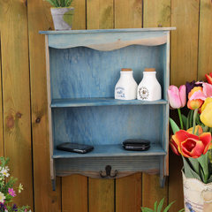 Zakka special effect, old effect wooden storage rack, hanging wall double layer cabinet, multi-function key rack Blue purple flowers