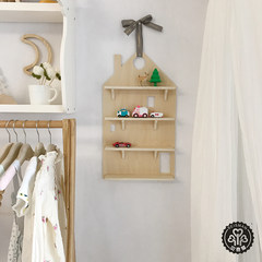 SF home package, wooden shelving, small house modeling, multi shelf shelving, wall hanging white