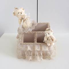 South Korea white embroidery cloth remote control storage box, lace bear cosmetic box, table pen holder box White