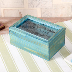 ZAKKA wooden glass cover box, Japanese simple lattice classification finishing, home cosmetics jewelry finishing Big six glass blue