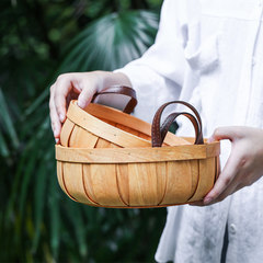 January Hong Shu hand woven wood leather handle round basket storage basket basket bread basket picnic basket trumpet