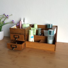 Zakka desktop wooden cosmetic storage box, wooden grid, super large skin care, retro dressing table, solid wood box Mediterranean Blue