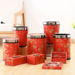 Red plastic household trash wedding room kitchen garbage tube foot round with cover 9 Piece Set