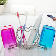 Stainless steel heart-shaped toothbrush rack, creative toothbrush cup, Jacques's Korean couple mouthwash cup set 1 toothbrush holder +1 blue cup +1 rose red cup