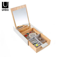 Umbra jewelry box wooden simple, single layer multi-function jewelry, retro belt mirror jewelry storage box White / log color