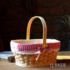 日式木片收纳提篮 收纳篮 面包水果收纳 花篮 优质布套 可拆分 3色拼布（木色）