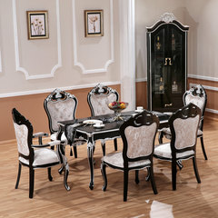European style solid wood European table chair combination table, new classical dining table, 6 person table furniture Black painted silver, 1 tables, 6 chairs