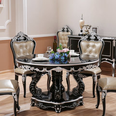 European style solid wood table chair, European table, French marble table, new classical round table combination spot 02 black painted silver, 1 tables, 6 chairs