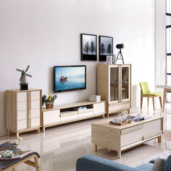 Multifunctional Nordic solid wood TV cabinet, simple log color, modern living room set furniture, TV cabinet, tea table combination Ready TV cabinet + tea table