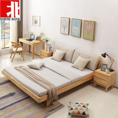 Nordic single double bed 1.8 meters Japanese style solid wood bed, modern minimalist master bedroom, 1.5m wedding bed log furniture 1500mm*2000mm Log color bed + bedside cabinet *2 Frame structure