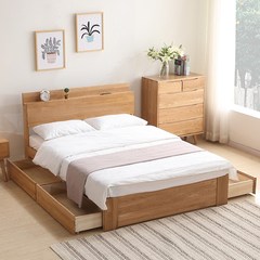 All solid wood bed, Japanese style simple bed, 1.2/1.5/1.8 meter storage bed, white oak furniture, Double Drawer Bed 1500mm*2000mm All solid wood Drawer Bed (Hu Taoshai) double suction Box frame structure