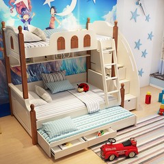 Mediterranean child bed, children bed, bed, 1.5 meters, double bed, mother and child bed, Korean solid wood combination bed 1200mm*1900mm Bed feeding bookshelf + ladder cabinet (package installation) More combinations