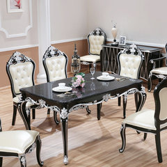 All solid wood table, European table, new classical dining table chair, 6 person dining table, French marble carved table chair Black painted silver, 1 tables, 6 chairs