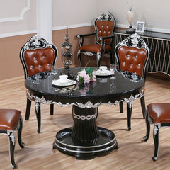 All solid wood round table, European marble table, new classical round table, 1 tables, 6 chairs, dining tables and chairs, carved table combination Black painted silver, 1 tables, 6 chairs