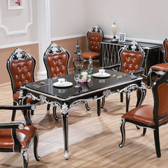 All solid wood table, rectangle marble table chair, European style table and chair combination 6 people dining table Black painted silver, 1 tables, 6 chairs