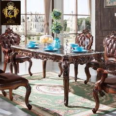 High grade European table and chair combination, American solid wood marble table, 6 people dining table, villa rectangular dining table G1 100% leather chair