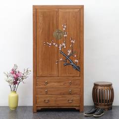 The new Chinese old elm wood antique hand-painted wardrobe simple pastoral style bedroom wardrobe large storage cabinet Log color ink lotus 2 door Ready