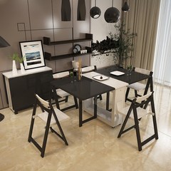 Nordic telescopic folding table and chair combination, simple modern wood foot furniture, small family dining table, rectangular table Black and white table +6 chair