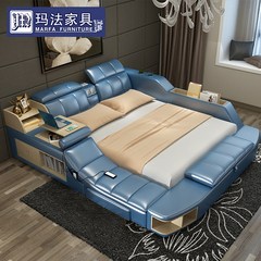 Massage tatami bed double wedding bed 1.8 meters soft leather bed lifting computer table bed leather bed bedroom 1500mm*2000mm Upgrade smart version + velvet mattress Frame structure