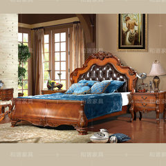 American leather bed solid wood bed 1.8 meters of new classic retro soft bed by bed carved wooden bed work style 1800mm*2000mm Antique log color Frame structure