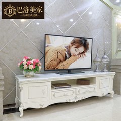 European style solid wood TV cabinet, coffee table combination package, 2M marble cabinet, living room carved solid wood, silver painted white Ready 2M marble TV cabinet