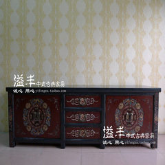 新中式仿古彩绘家具电视柜定制实木手绘地柜做旧复古落地柜储物柜 整装 200X40X60