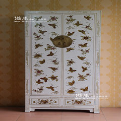 Modern Chinese antique furniture wood gold butterfly two hand-painted white storage entrance door wardrobe bedroom cabinet Style two 2 door Ready
