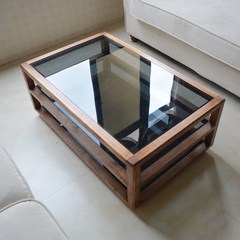 The double black tempered glass table rectangular solid wood furniture modern minimalist art Ready 123*62*45 (CM)
