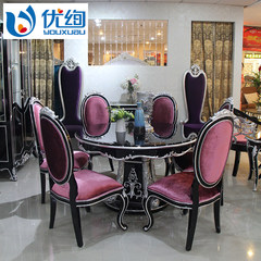 European style table chair combination solid wood table, oak round dining table, western restaurant furniture, new classical baking paint round table 1 tables and 4 chairs