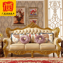 European style imported leather sofa, 123 type combination large size solid wood villa, living room furniture, American leather art sofa combination Single person [oak carving]
