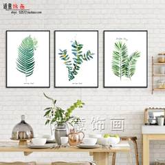 Small fresh triple living room decorative painting, simple modern entrance restaurant, bedroom Hotel, green leaf abstract company hanging painting 40*60 White frame (thick 3.5cm) A Independent