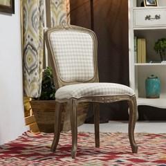 法式乡村美式做旧靠背椅子简约布艺椅子复古风格餐厅家具实木餐椅 棉麻米色