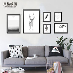 Nordic simple decorative painting, modern living room, background wall painting, elk landscape, black and white restaurant, family mural painting 30*40 Black frame (thick 3.5cm) Ten Canvas coating + waterproof polishing treatment