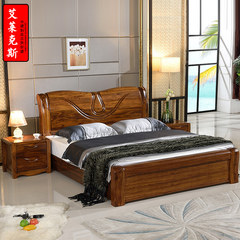 Bangnuosixin Chinese Wujin wooden wood double modern marriage bed 1.8 meters high box simple bedroom furniture 1800mm*2000mm Solid wood single bed plus 1 bedside cabinets Air pressure structure