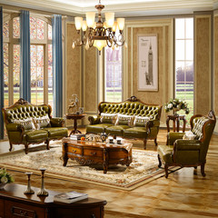 欧式真皮沙发 高档别墅美式家具 全实木奢华雕花头层牛皮客厅整装 组合 单人