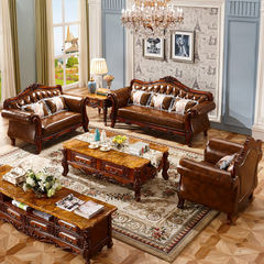 European style sofa, leather living room, small apartment, double villas, three people combined retro American style solid wood sofa combination [combination 1+2+3] - dermal layer of head